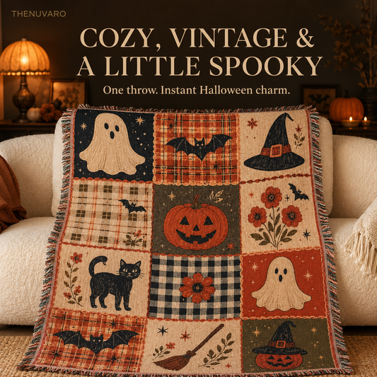 👻 Vintage Halloween Woven Throw Blanket – Cozy Spooky Patchwork Décor